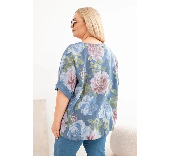 Dámská bavlněná blůzka Plus Size s krátkým rukávem a květinovým vzorem džínová