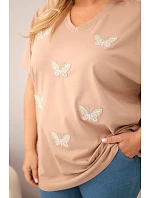 Dámská bavlněná halenka Plus Size s motýlky camelová Dámská bavlněná halenka Plus Size s motýlky camelová