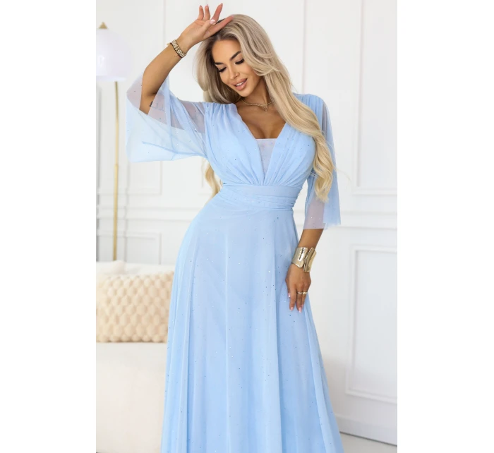 654-3 Dlouhé třpytivé plus size šaty s výstřihem a průhlednými rukávy - modré 654-3 Dlouhé třpytivé plus size šaty s výstřihem a průhlednými rukávy - modré