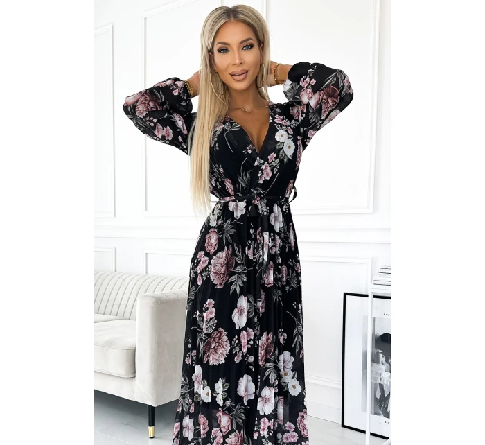 Černé dámské plisované midi šaty s výstřihem, dlouhými rukávy, zavazováním v pase a se vzorem květů model 21883680 - numoco basic