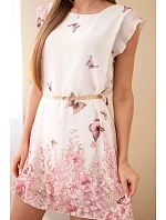 Dámské šaty s plisovaným rukávem a ozdobným páskem růžová