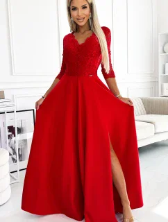 AMBER Elegantní červené dlouhé dámské krajkové šaty s výstřihem a rozparkem na noze model 19144269 - numoco