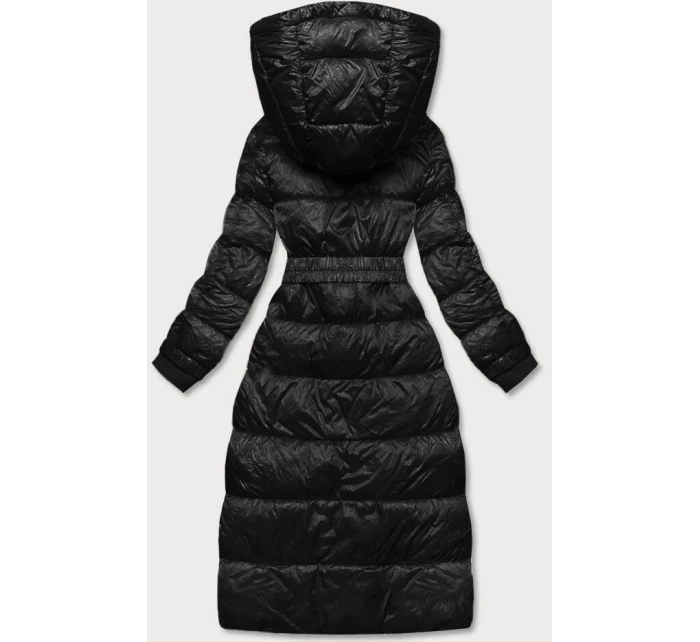 Dlouhá černá dámská bunda s opaskem (AG1-J9090)