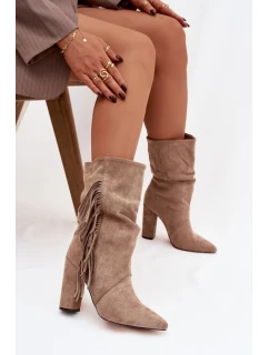 Dámské kotníkové boty na podpatku s třásněmi a stahováním vyhřívané béžové Darlina