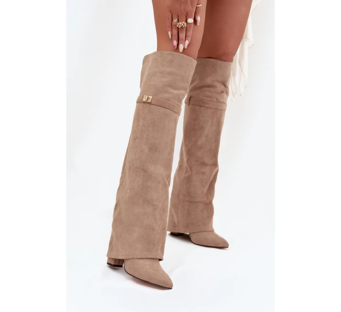 Dámské zateplené kozačky nad kolena s vyhrnutou holení a podpatkem Serelle – béžové, eko semiš Dámské zateplené kozačky nad kolena s vyhrnutou holení a podpatkem Serelle – béžové, eko semiš
