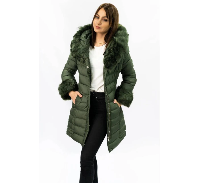 Prošívaná dámská zimní bunda v khaki barvě s kapucí (w750-1)