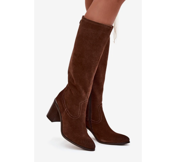 Dámské kozačky z přírodního semiše s vyhřátým podpatkem sloup Sergio Leone KZ25668-S hnědé Dámské kozačky z přírodního semiše s vyhřátým podpatkem sloup Sergio Leone KZ25668-S hnědé