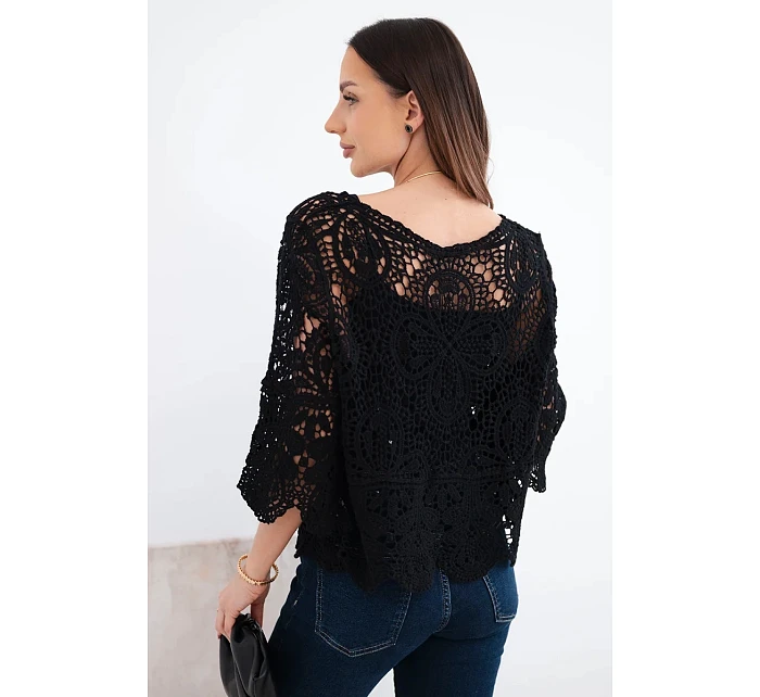 Dámský bavlněný prolamovaný svetr s krátkým rukávem a ozdobným vzorem černý
