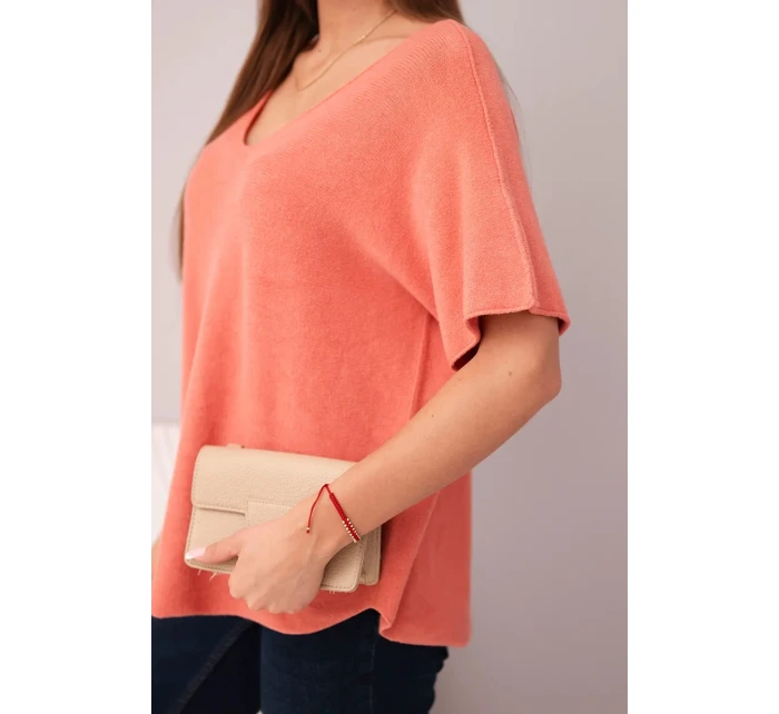 Dámská svetr s krátkým rukávem a výstřihem do V meruňková