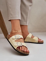 Materiálové pantofle na korkové podrážce s přezkami žluté Atera