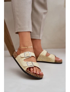 Materiálové pantofle na korkové podrážce s přezkami žluté Atera