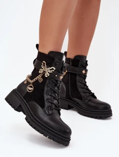 Dámské Pracovní Boty Zateplené Se Zlatým Řetězem A Přívěsky Černé Vessara
