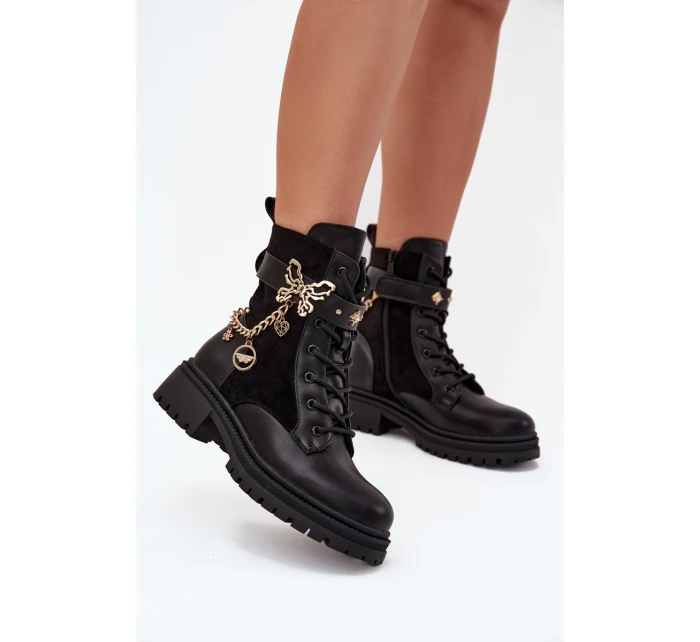 Dámské Pracovní Boty Zateplené Se Zlatým Řetězem A Přívěsky Černé Vessara