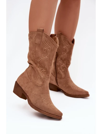 Dámské boty kovbojky na podpatku zateplené béžové model 21772330 - Boto Dámské boty kovbojky na podpatku zateplené béžové model 21772330 - Boto