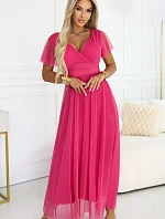 562-9 NASTIA Dlouhé šaty s výstřihem, kosticemi a krátkými rukávy - malinový sorbet