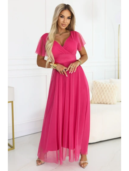 562-9 NASTIA Dlouhé šaty s výstřihem, kosticemi a krátkými rukávy - malinový sorbet