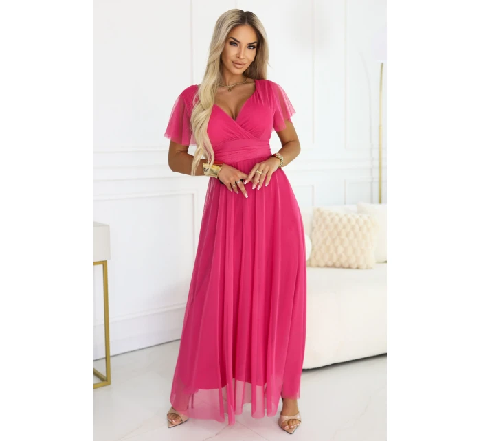 562-9 NASTIA Dlouhé šaty s výstřihem, kosticemi a krátkými rukávy - malinový sorbet