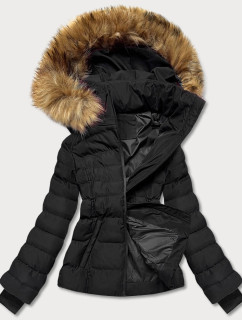 Černo-béžová krátká dámská zimní bunda s kožešinou (5M768-392)
