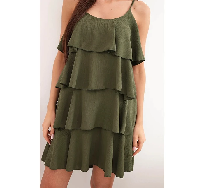 Dámské mini šaty na ramínka s volány khaki