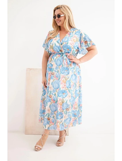 Dámské šaty Plus Size s květinovým vzorem se zavazováním modrá