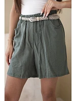 Dámské kraťasy s příměsí model 22205783 a pleteným páskem khaki - K-Fashion Dámské kraťasy s příměsí model 22205783 a pleteným páskem khaki - K-Fashion