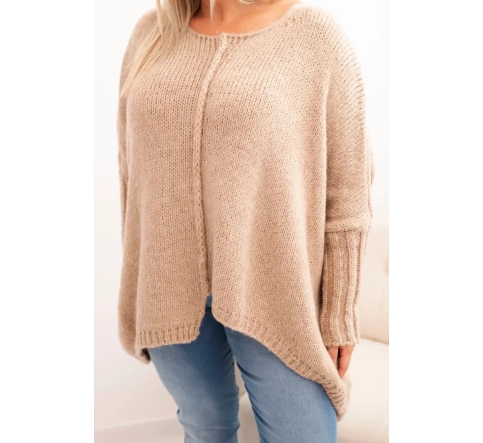 Dámský svetr Plus Size z model 21259032 volného střihu s 3/4 rukávem camelový - K-Fashion