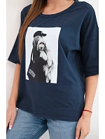 Dámská bavlněná oversize halenka s krátkým rukávem a model 22042974 potiskem námořnická modrá - K-Fashion