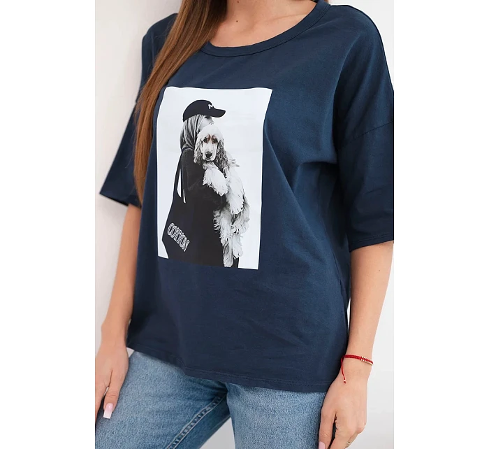 Dámská bavlněná oversize halenka s krátkým rukávem a model 22042974 potiskem námořnická modrá - K-Fashion
