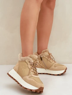 Kožené Sneakersy Trapery Dámské S Kožíškem Na Platformě Big Star model 21680216 Béžové - Big Star Shoes