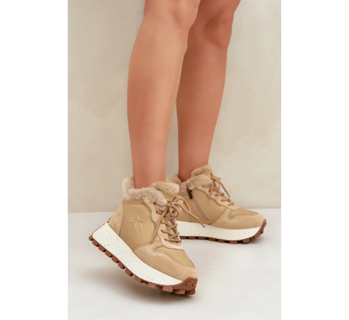 Kožené Sneakersy Trapery Dámské S Kožíškem Na Platformě Big Star model 21680216 Béžové - Big Star Shoes Kožené Sneakersy Trapery Dámské S Kožíškem Na Platformě Big Star model 21680216 Béžové - Big Star Shoes