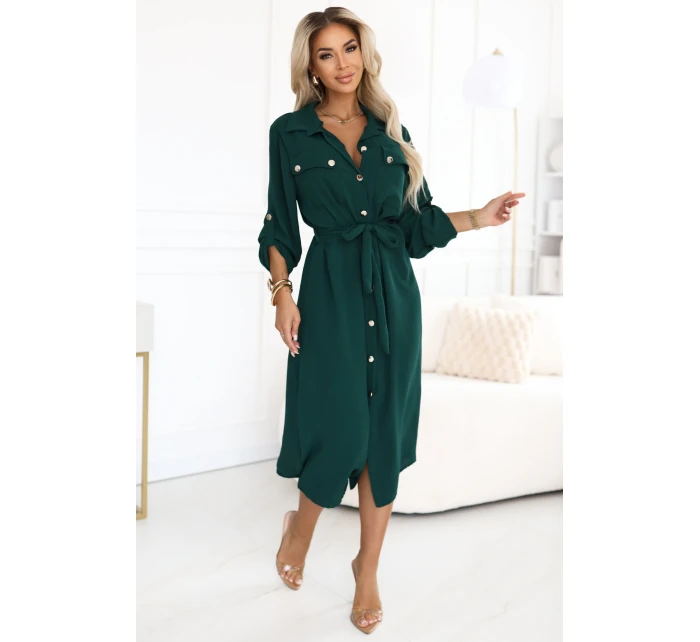 model 21402432 Midi košilka se zlatými knoflíky a vázáním zelená - numoco basic