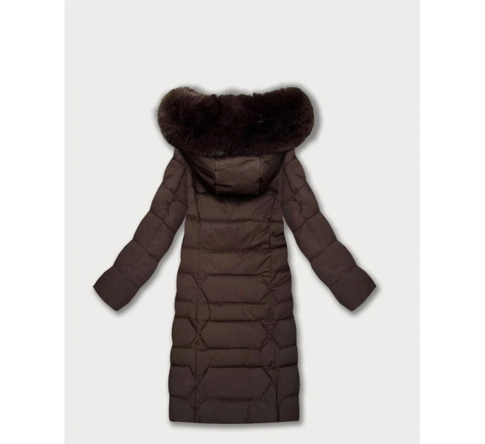 Dlouhá hnědá dámská bunda s kapucí (7665#)