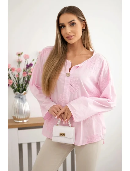 Košilová halenka s vyšívaným vzorem světle růžová