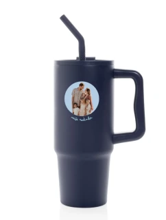 Personalizovaná termoska s barevným víčkem s výřezem fotky na podkladu