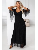 655-1 Dlouhé lehké třpytivé šaty s výstřihem a průhlednými rukávy - černé 655-1 Dlouhé lehké třpytivé šaty s výstřihem a průhlednými rukávy - černé