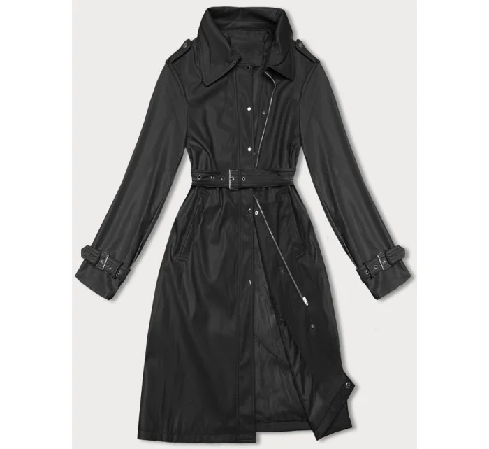 Volný černý dámský kabát z ekologické kůže J Style (11Z8101)