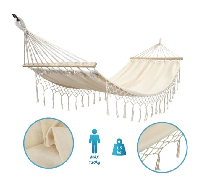 ZAHRADNÍ HOUPACÍ SÍŤ PRO 1 OSOBU 200X100CM S TYČÍ A STŘAPCI MIAMI ECRU