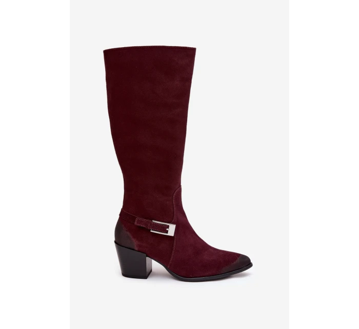 Kožené semišové kozačky na podpatku s přezkou  Bordó model 21772351 - Zazoo