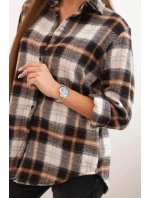 Dámská košile z bavlny s delším zadním dílem károvaná hnědá + béžová