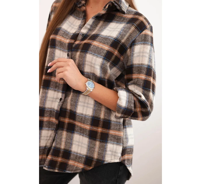 Dámská košile z bavlny s delším zadním dílem károvaná hnědá + béžová