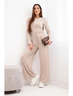 Dámský viskózový komplet s blůzou a širokými kalhotami béžový