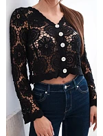 Dámský letní krajkový svetr s knoflíky a dlouhým rukávem černý