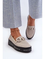 Dámské kožené mokasíny na platformě s ozdobou model 21660272 béžové - S.Barski