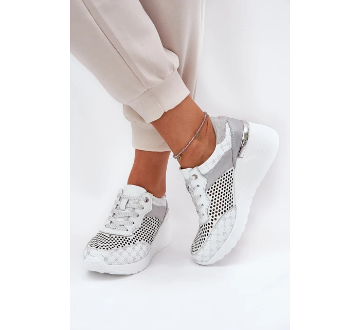 Kožené Ažurové Sportovní Boty Sneakers Na Klínu Bílé model 21691047 - S.Barski Kožené Ažurové Sportovní Boty Sneakers Na Klínu Bílé model 21691047 - S.Barski