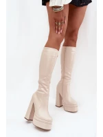 Zateplené dámské kozačky na podpatku a platformě světle béžové model 21704844 - Boto