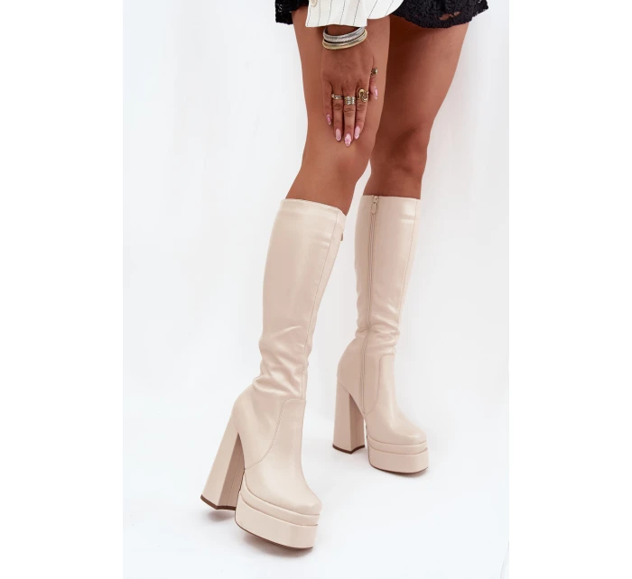 Zateplené dámské kozačky na podpatku a platformě světle béžové model 21704844 - Boto