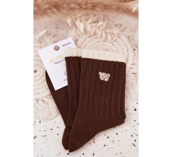 Dámské bavlněné ponožky s malým medvídkem – čokoládové