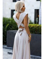 Elegantní béžové dlouhé dámské šaty s brokátem a s model 20110813 - numoco