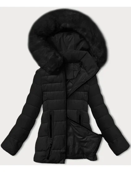 Černá prošívaná bunda pro přechodné období s kožešinou u kapuce model 21248217 - S'WEST