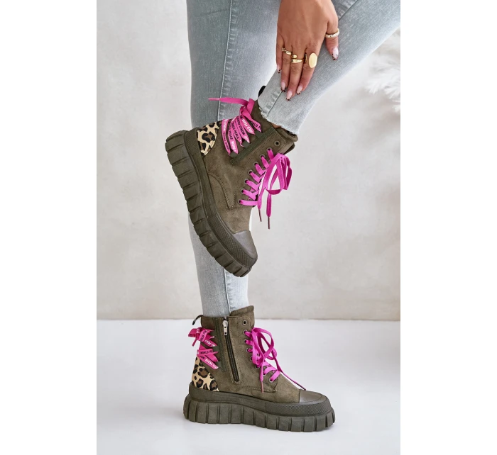 Dámské botky na platformě s ozdobným šněrováním leopardí zelené model 21673085 - EVENTO